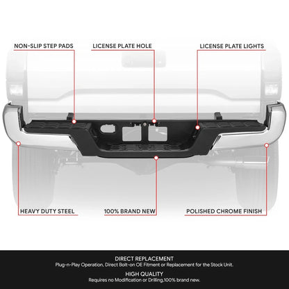 Chrome Steel Rear Bumper for Toyota Tacoma (2016–2023)