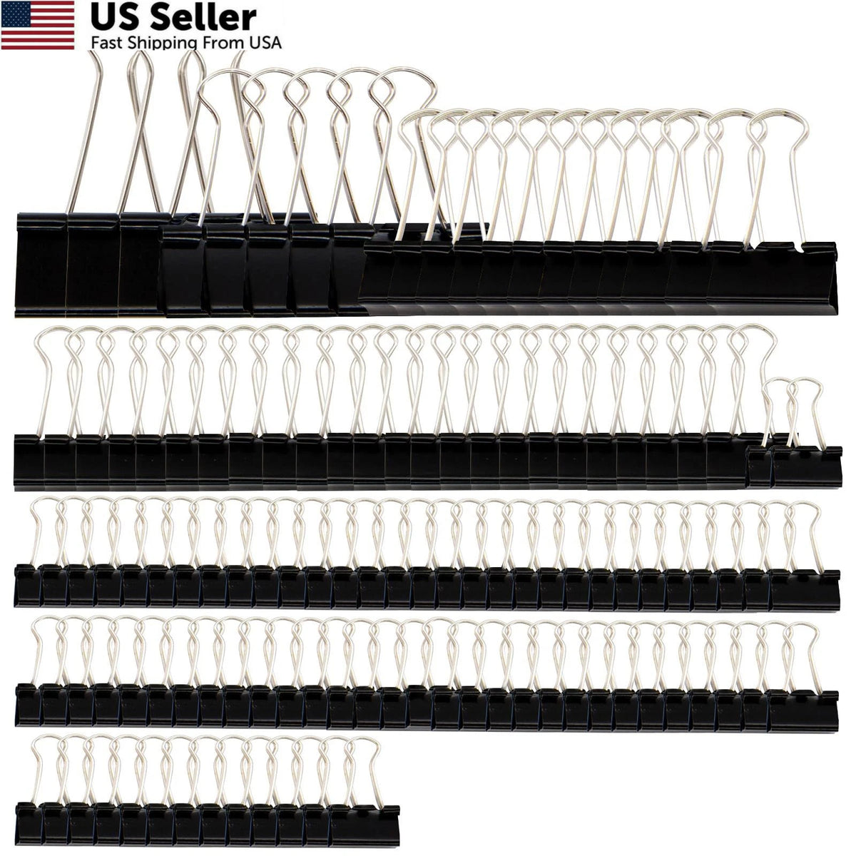 Set of 120 Binder Clips Paper Clamps Assorted Sizes 0.6 to 1.6 inches Black