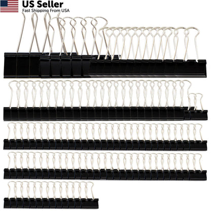Set of 120 Binder Clips Paper Clamps Assorted Sizes 0.6 to 1.6 inches Black