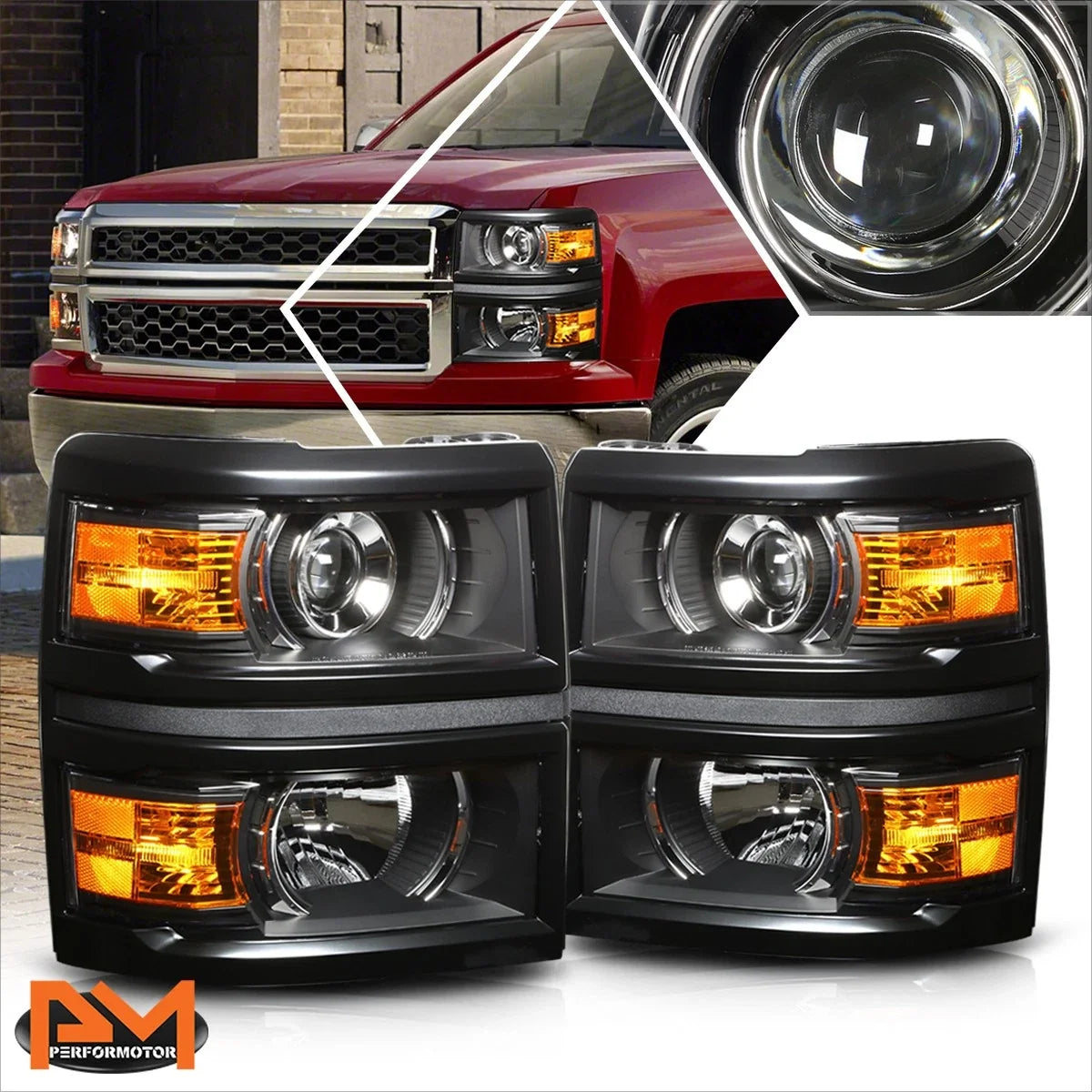Projector Headlight for Chevy Silverado (2014–2015) Black Housing Amber Corner