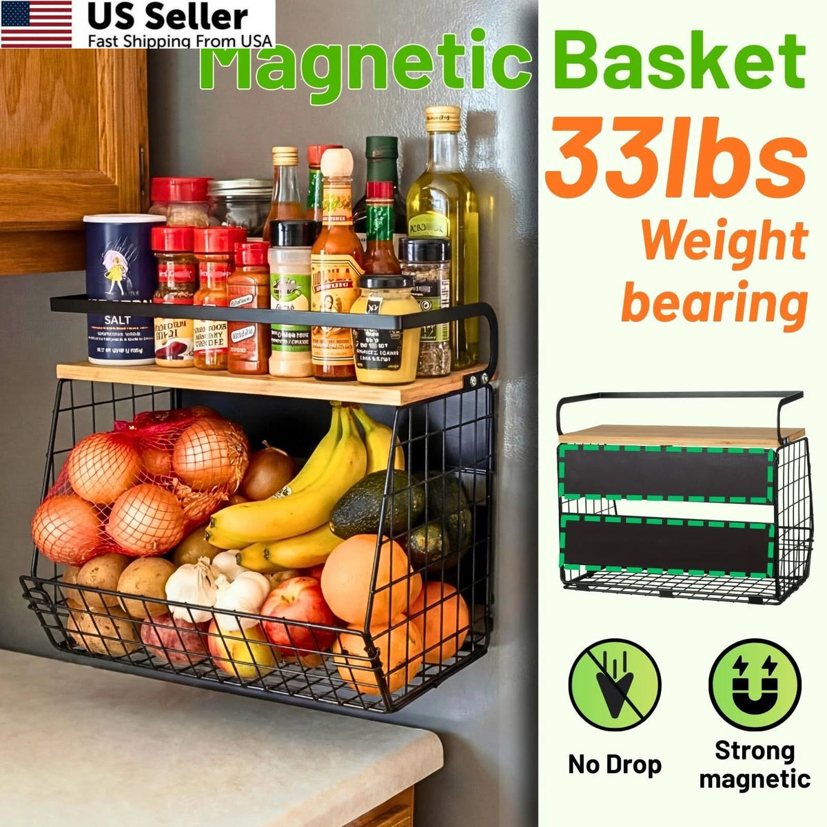 Magnetic Shelf for Fridge with Wood Lid, Fruit 1-Regular, Black