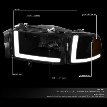 LED DRL Headlights for Dodge Ram 94–02 (Smoked Housing, Amber Corner)