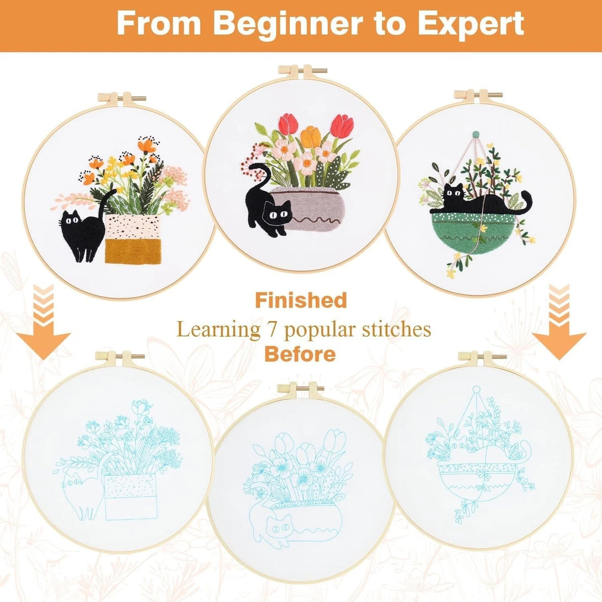 Set of 3 Embroidery Kits for Beginners - Cat, Floral, DIY