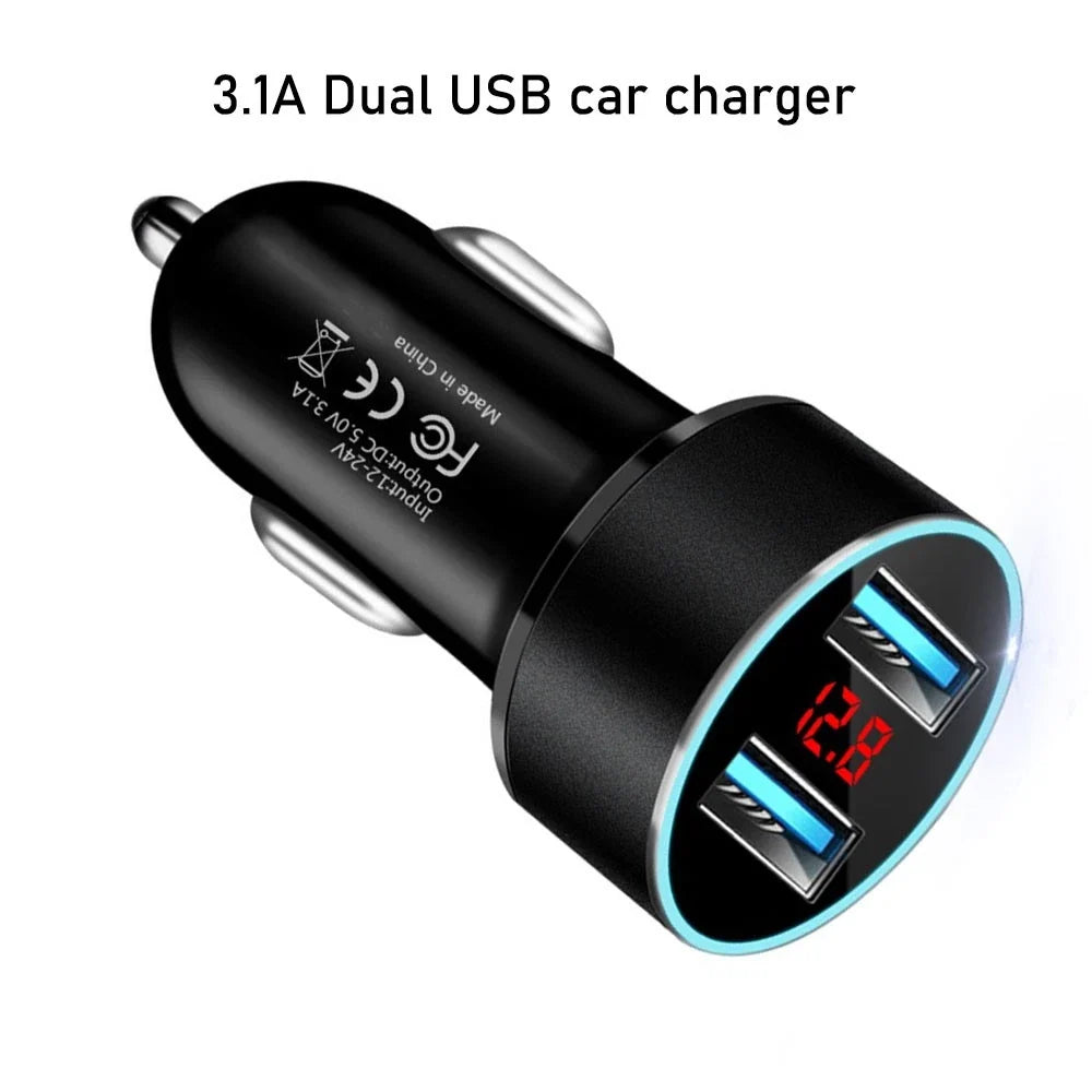 Dual USB Car Phone Charger with LED Display for Universal Use (2010–2023)