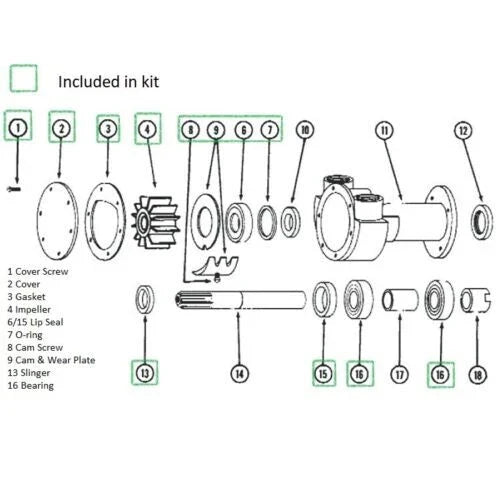 Major Repair Kit for Jabsco Pump 18400-0050, Onan 132-0147 (MDJC, MDJF)