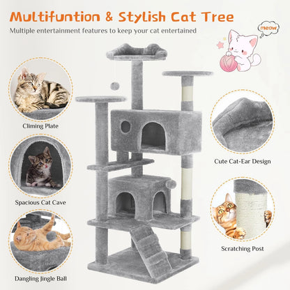 54 Inch Cat Tree Tower for Cats (Multi-Level, Light Grey)