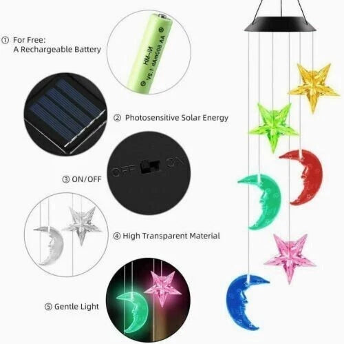 LED Solar Wind Chimes Lights - Color Changing Moon & Star Garden Decor