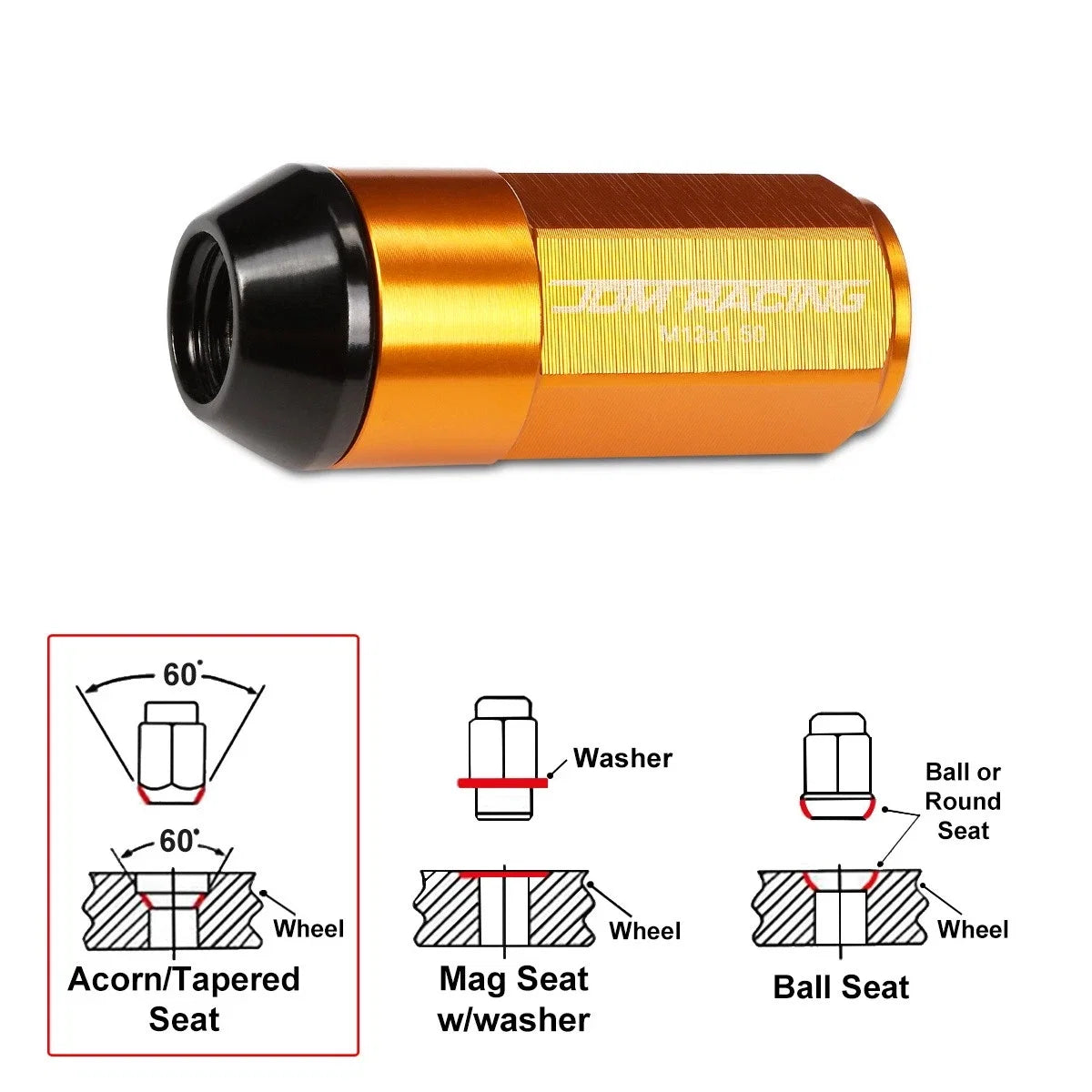 Set of 20 M12X1.5 Orange JDM Cone Seat Hex Wheel Lug Nuts with Cap & Extension