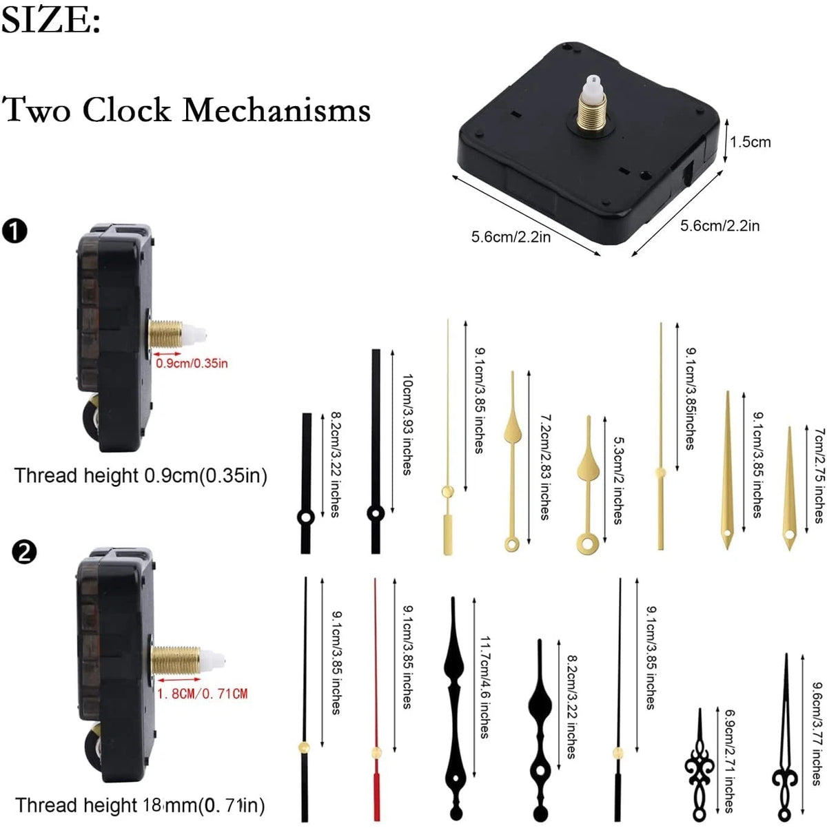 2Pcs Quartz Clock Mechanism Kit for Wall Clocks (16mm & 23mm)