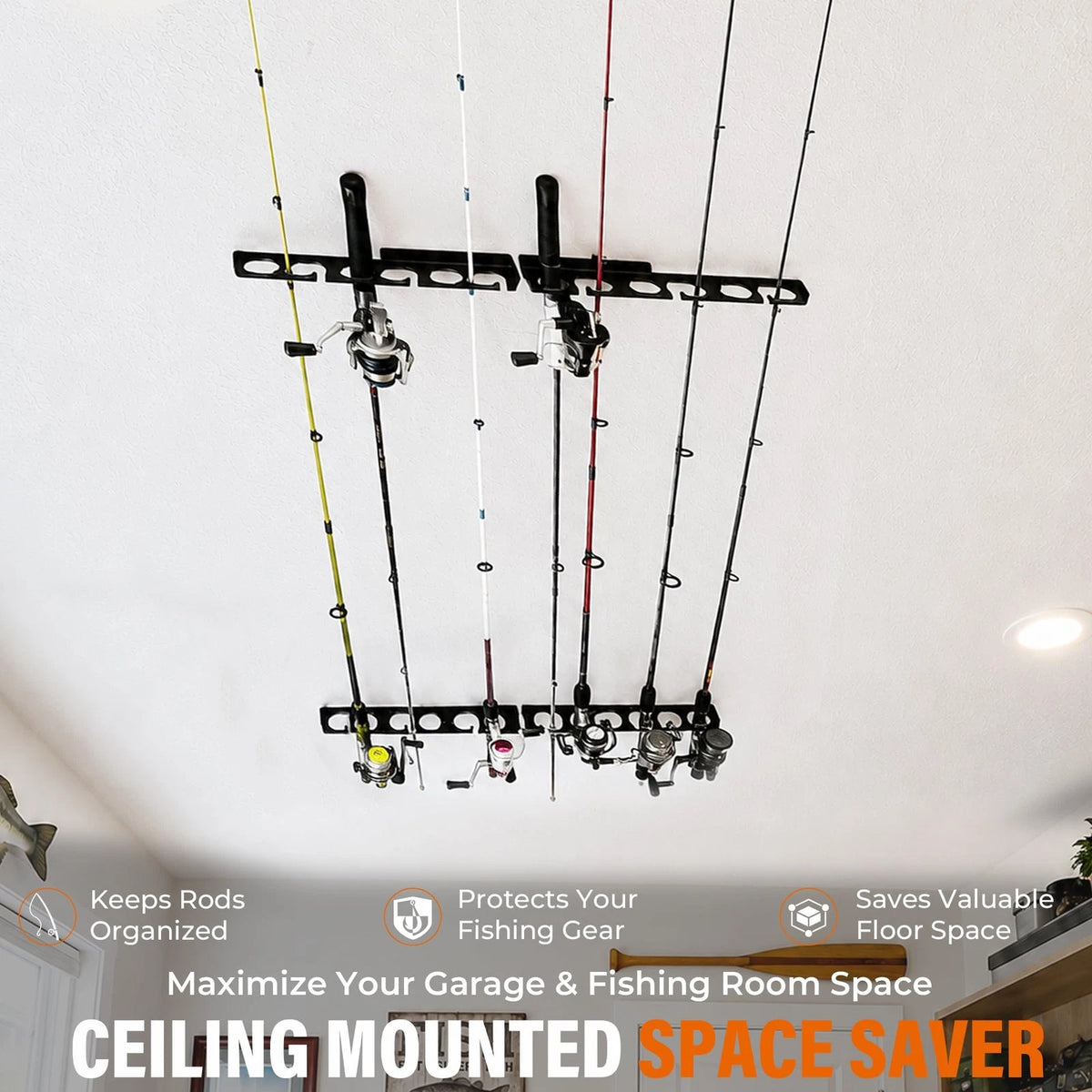 12 Rod Fishing Rack for Wall Storage - Black Classic