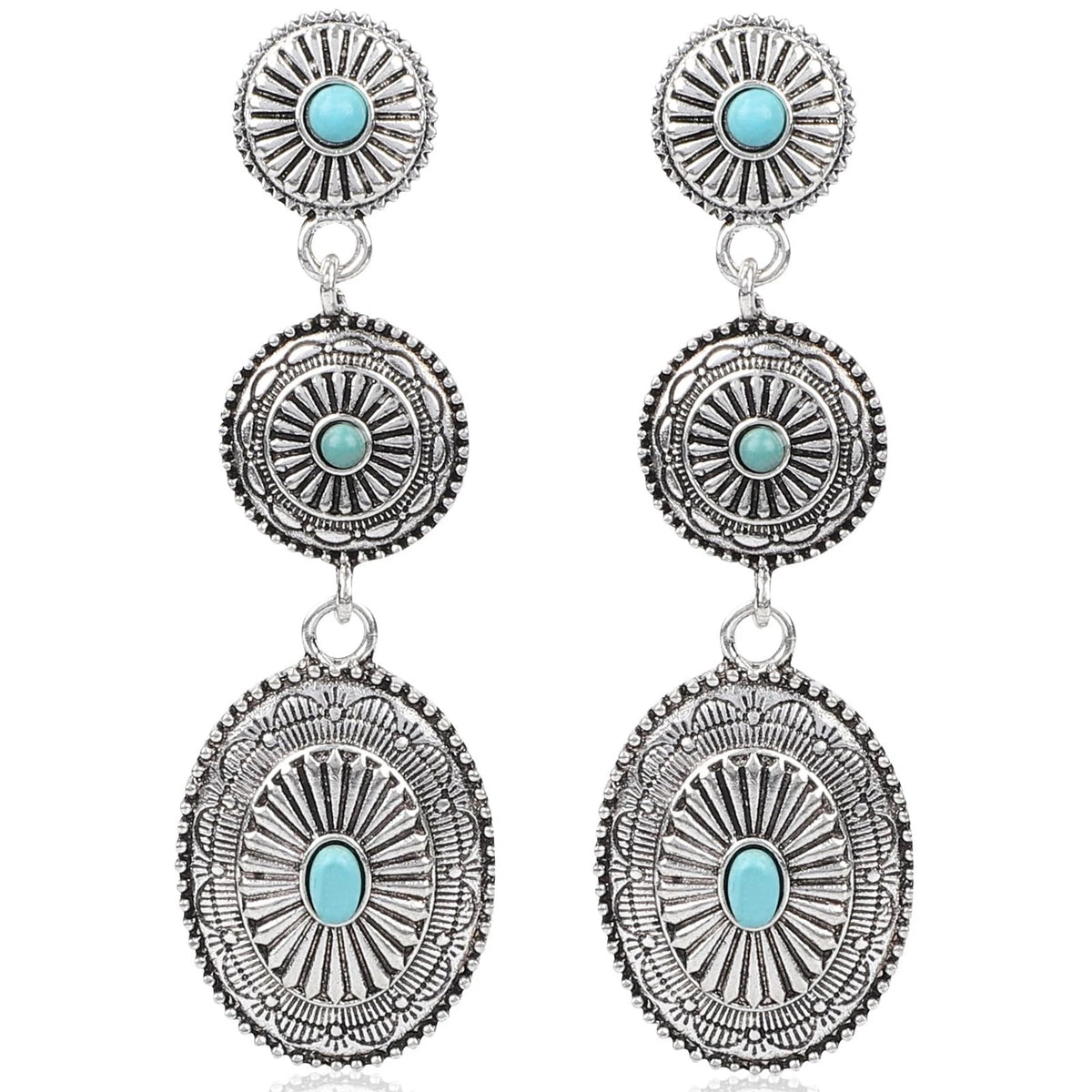 Set of 2 Silver Oval Synthetic Turquoise Dangle Earrings 7.8cm Long