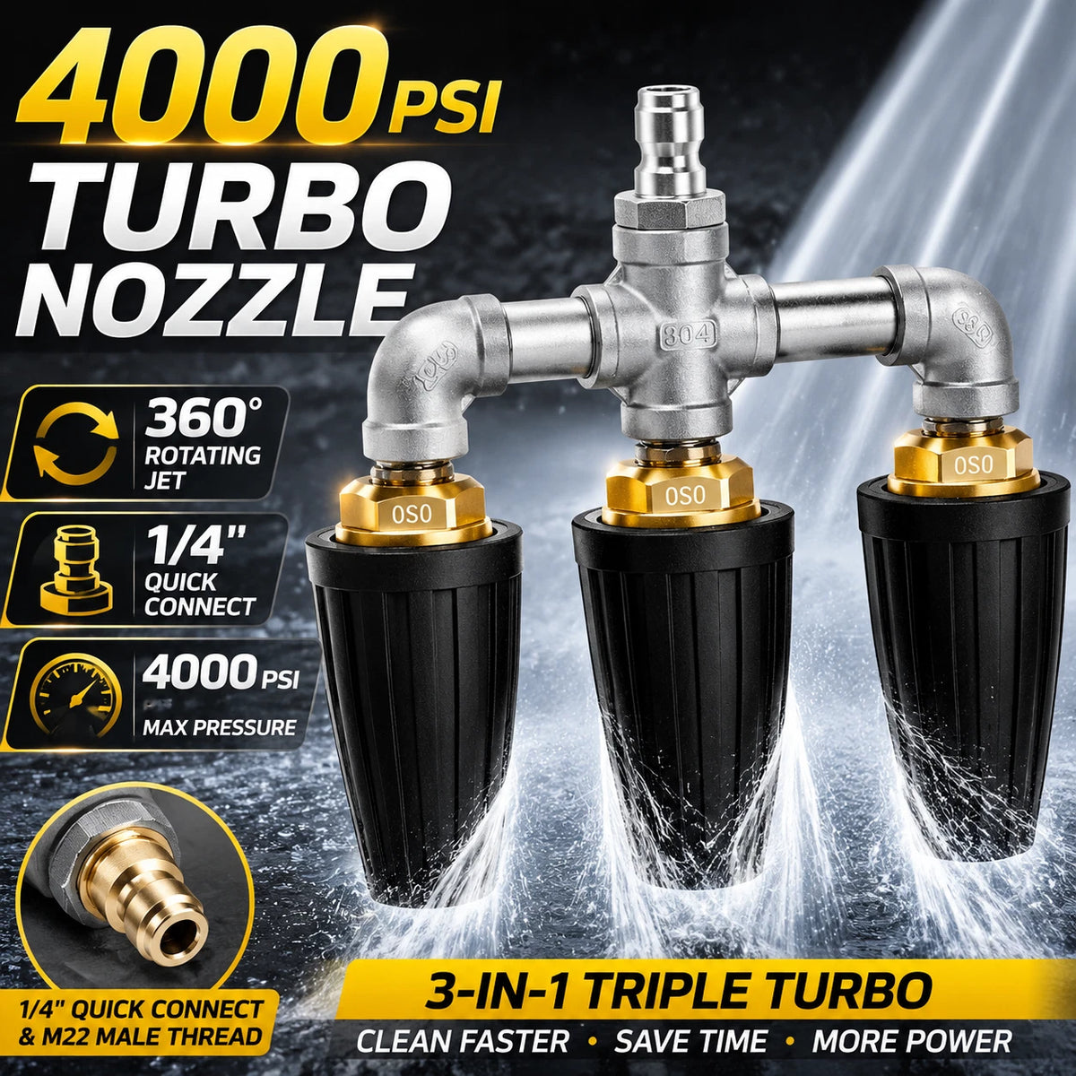 3X Turbo Rotating Jet Nozzle for Pressure Washer (4000 PSI)