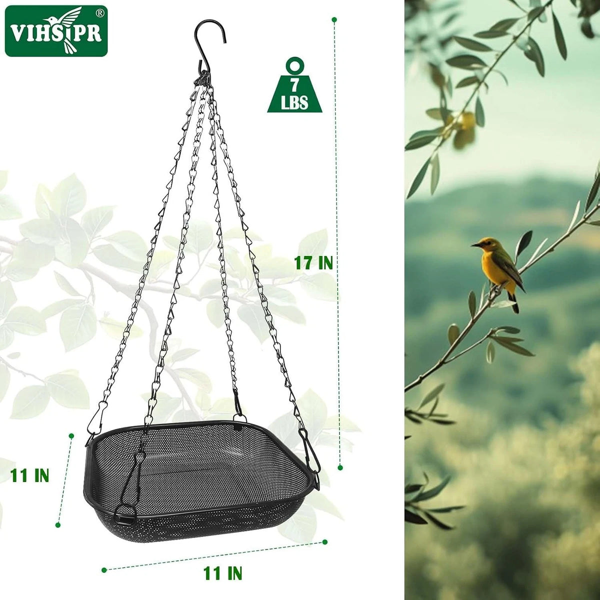 Metal Platform Bird Feeder for Hanging Seed Tray (11 in Square, Black)