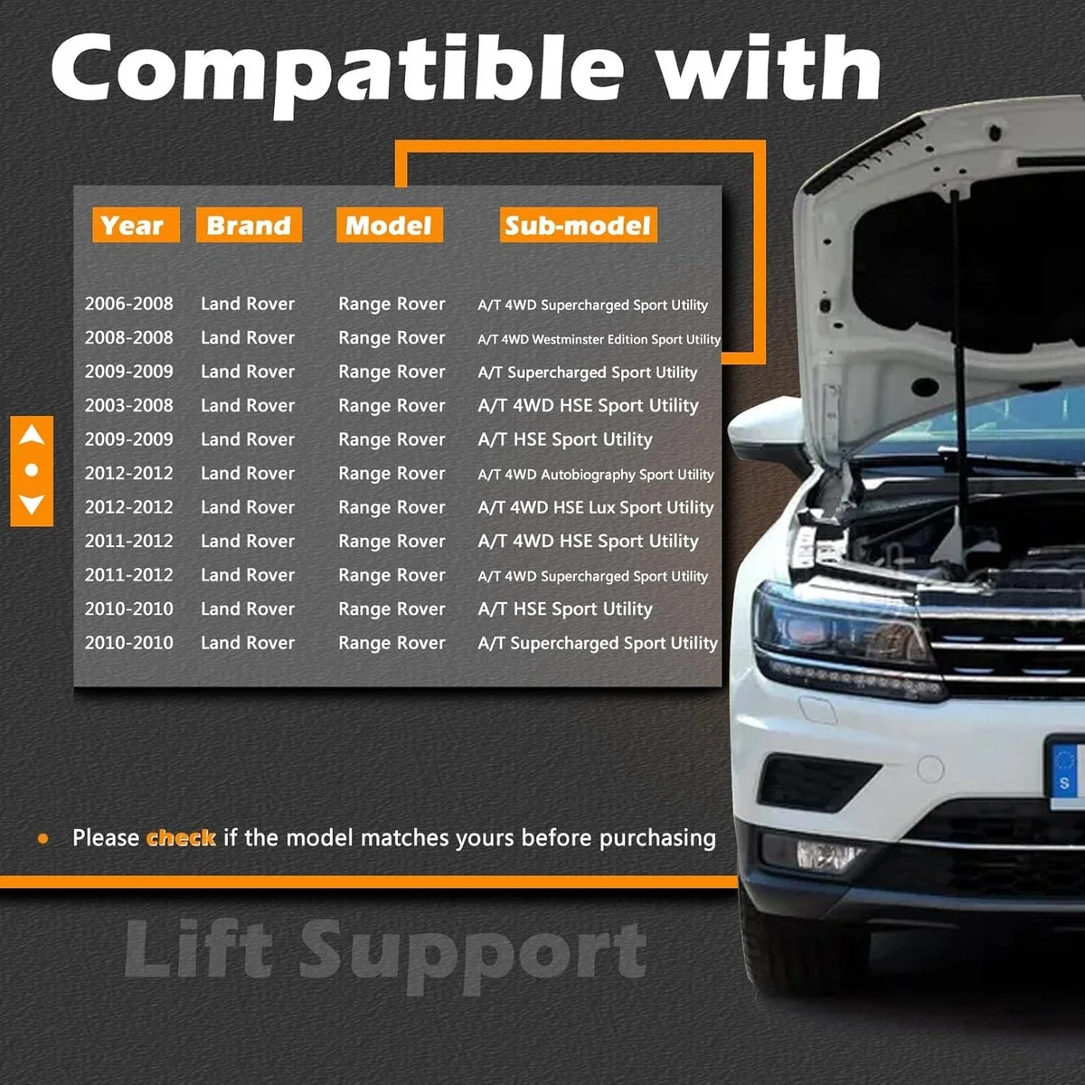 2X Rear Tailgate Lift Supports Gas Struts for Land Rover Range Rover (2003–2012)