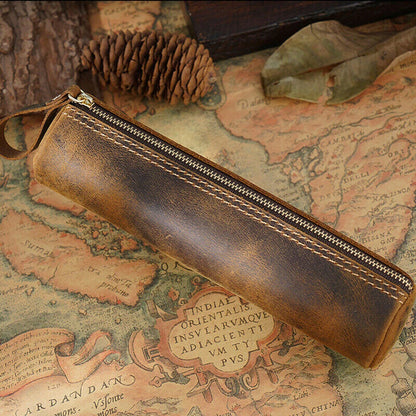 Leather Pen Pouch Zipper Case for Handmade Cowhide Stationery (US)