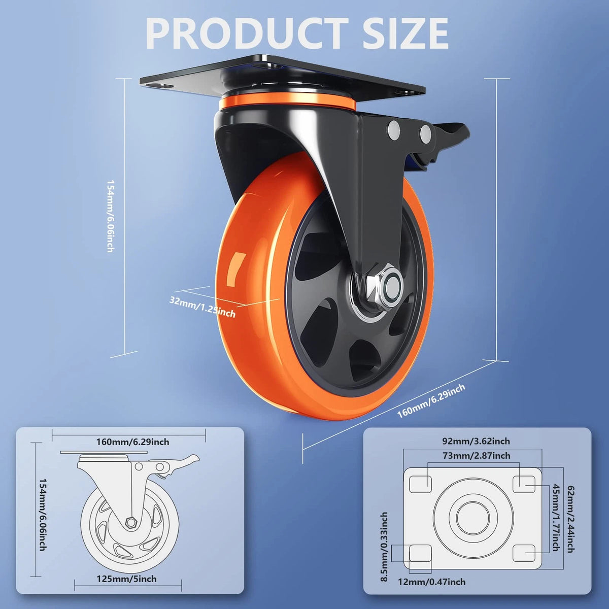 Set of 4 Heavy Duty 5 Inch Caster Wheels with Brakes