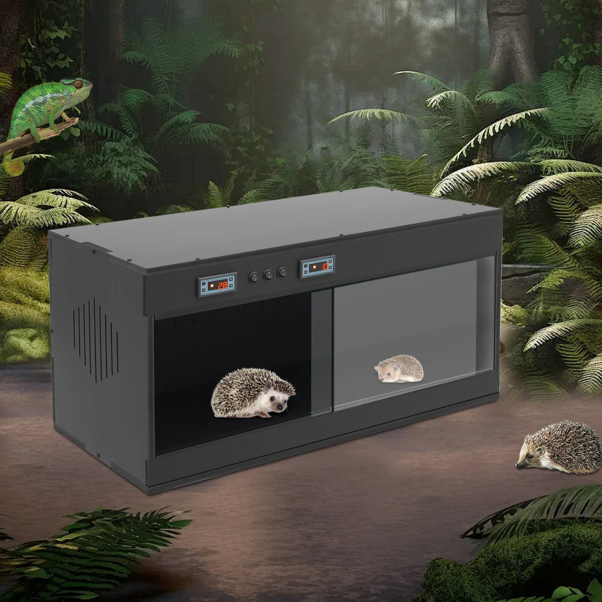 PVC reptile lounge habitat with glass sliding door and thermostat