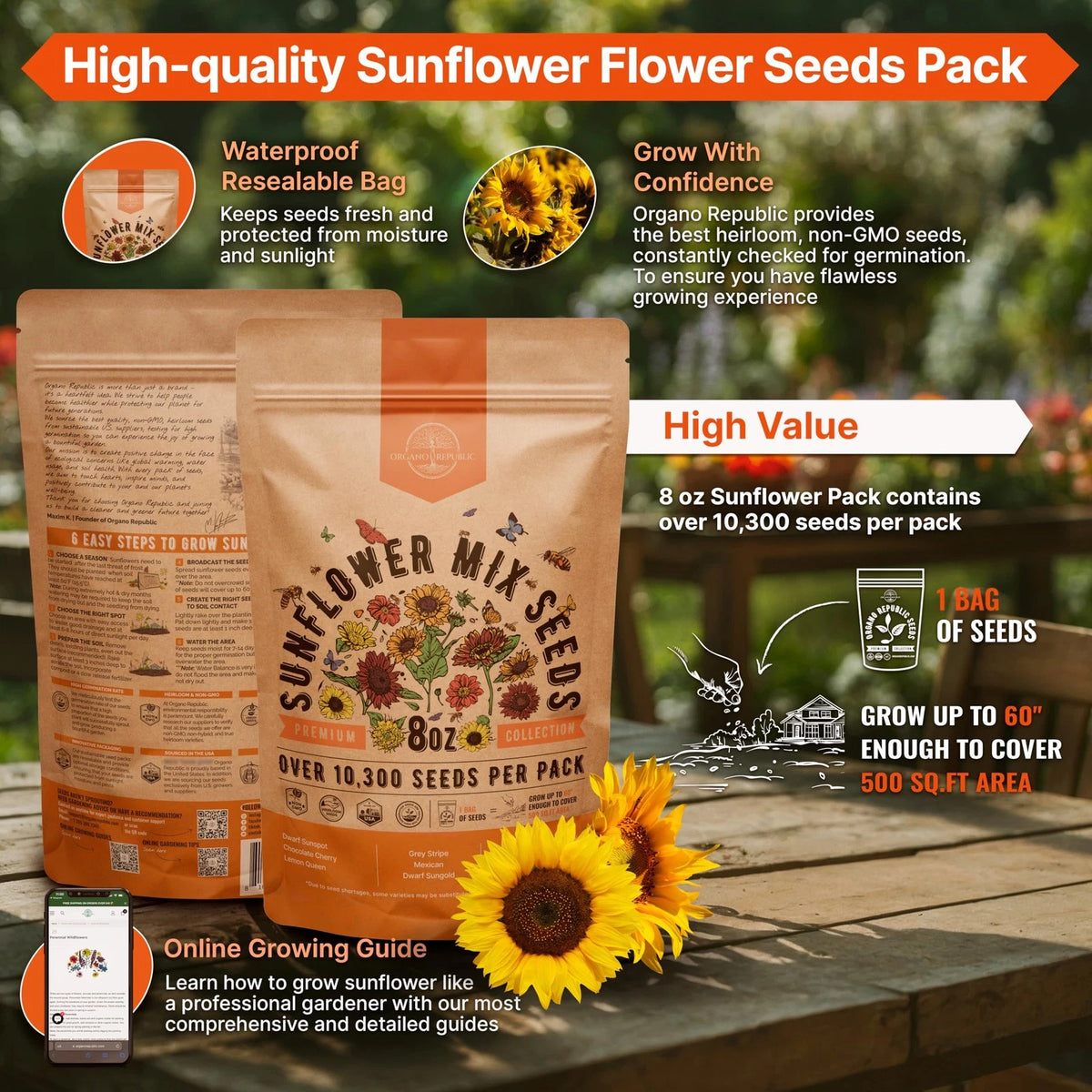 Sunflower Mix Seeds Pack 8 oz - Non-GMO, Yellow, Black, White