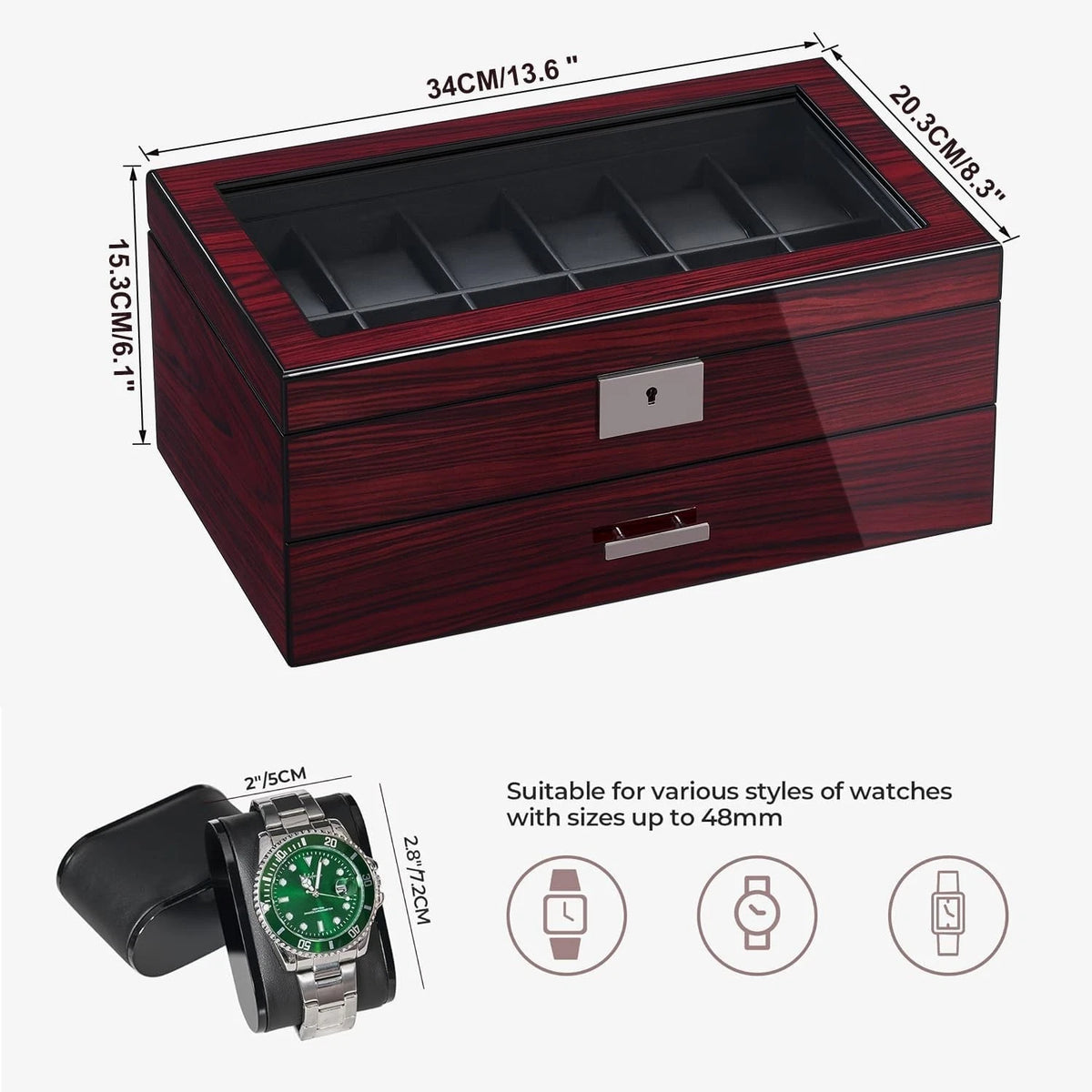 12 Slot Wooden Watch Box for Men (No specific part numbers)
