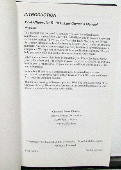 Owners Manual for Chevrolet S10 Blazer (1994) 2 & 4 Door W/Extras