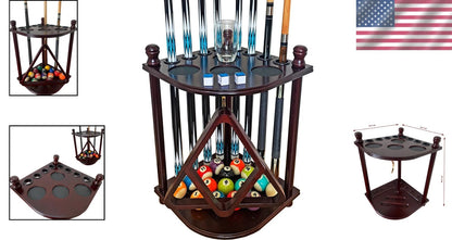 Floor Stand Pool Cue Rack for Game Rooms (100% Solid Wood)