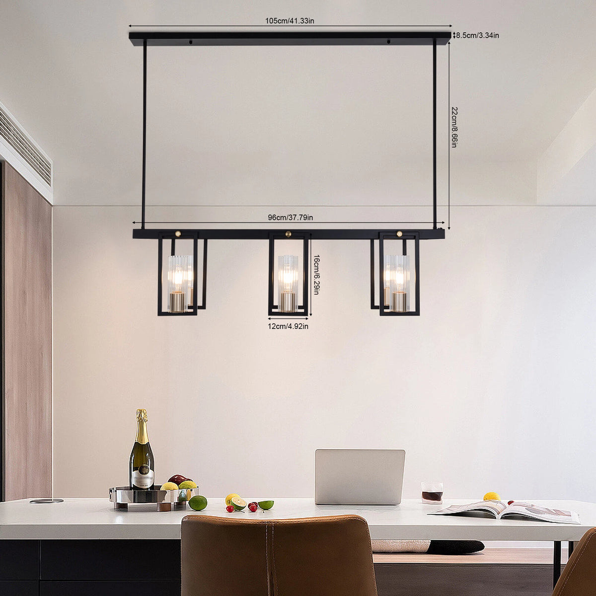 6-Light Linear Wood Pendant Chandelier for Kitchen Island