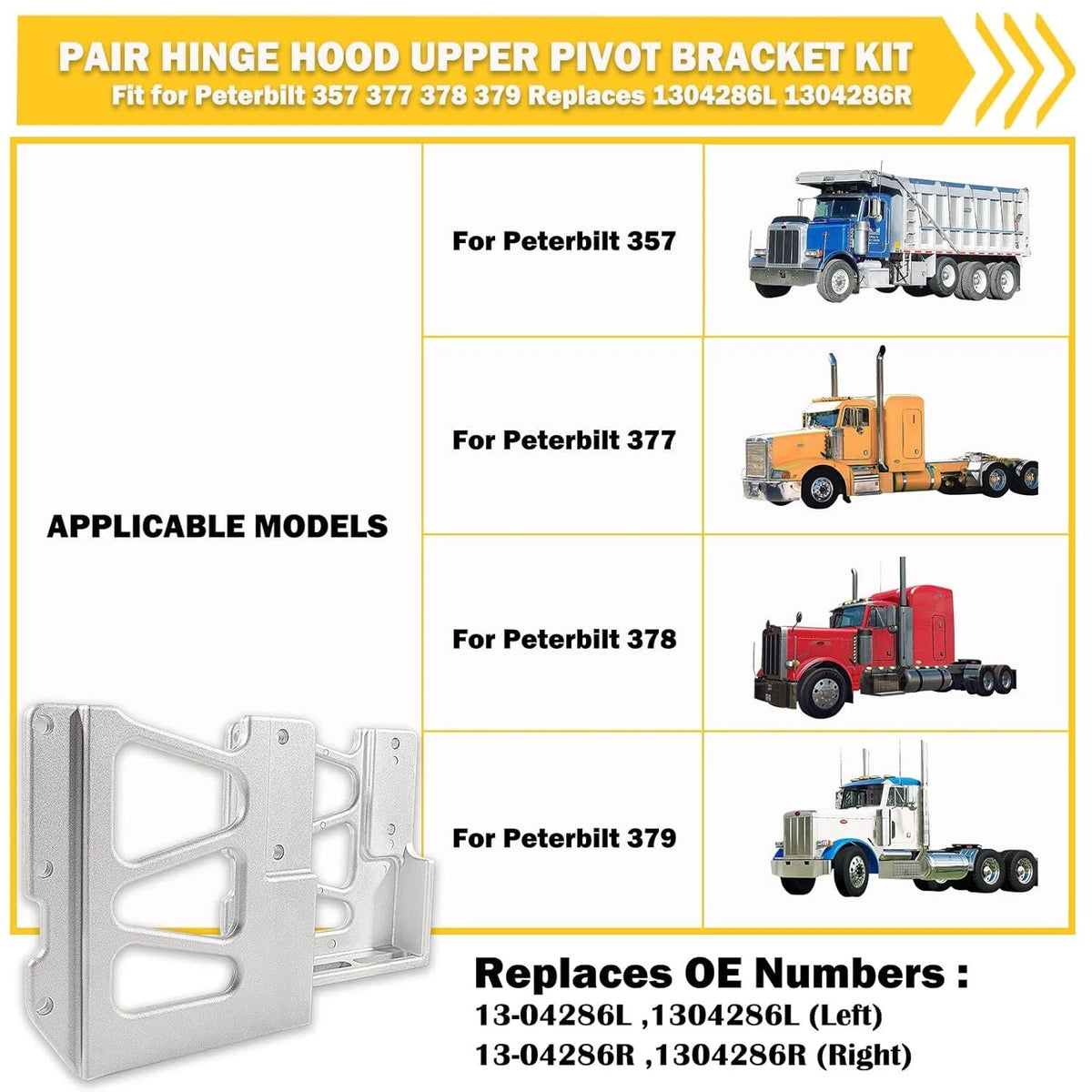 Hinge Hood Upper Pivot Bracket Kit for Peterbilt 357, 377, 378, 379