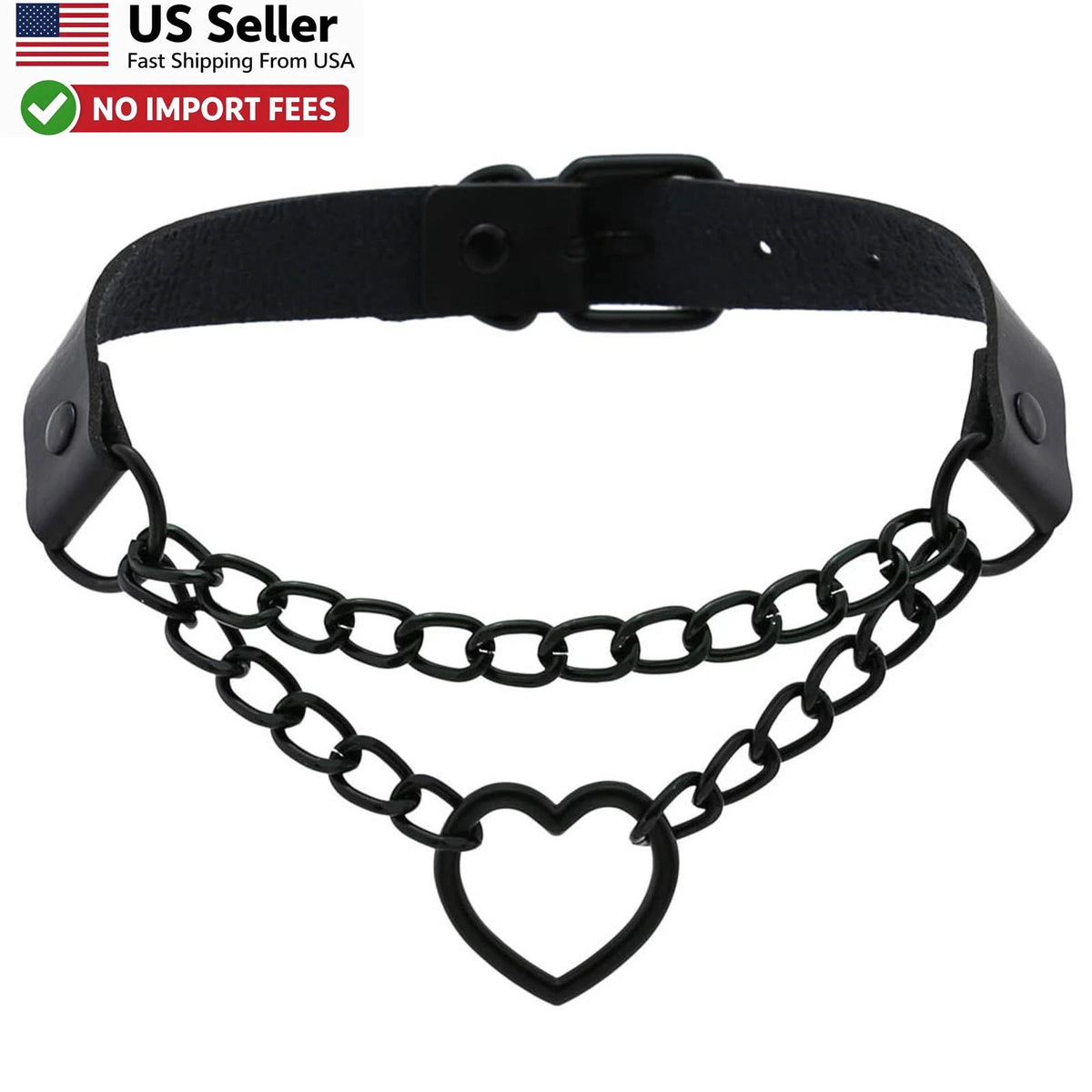 Vintage Love Heart Black Leather Choker Collar Body Chain Belt