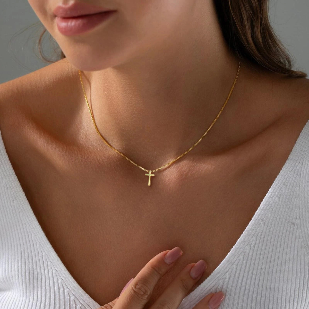 Gold Cross Necklace for Women, 14K Plated 16.5" Cross-Box Chain