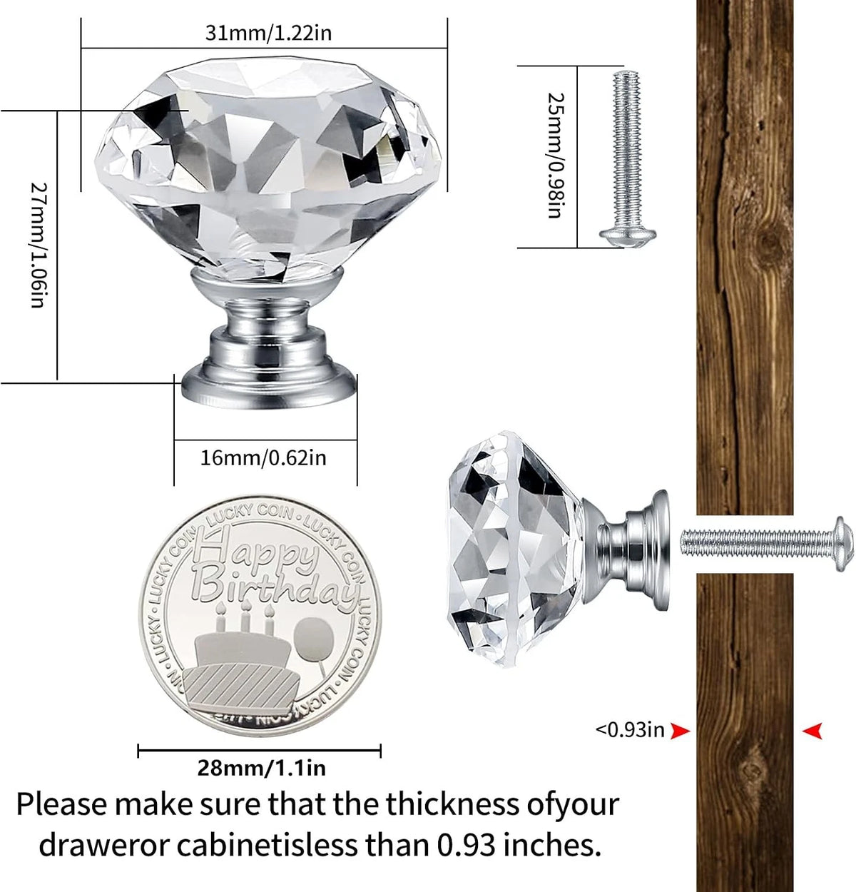 8 Pcs Crystal Glass Dresser Knobs for Cabinet (Decorative Diamond Shape)