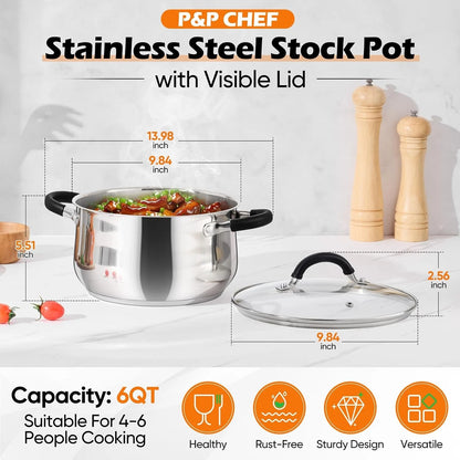 6 Qt Stainless Steel Stock Pot with Visible Lid