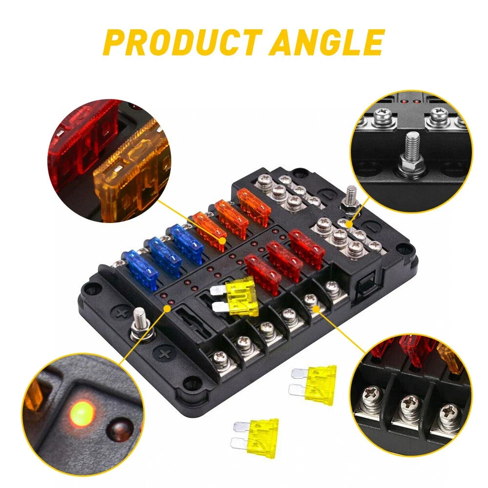 12 Way Blade Fuse Box Holder with LED Indicator for Auto Marine Boat (12V)