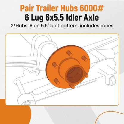 2 Trailer Hubs for Idler Axle 6000# 6 Lug 6x5.5 with Bearings & Seals 25580