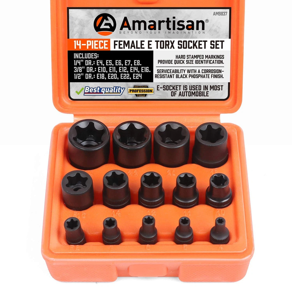14 Pc E-Torx Star Socket Set for Automotive (1/4" 3/8" E4 - E24)