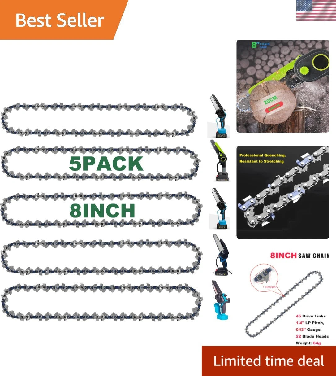 Set of 5 Chainsaw Chains for Razor-Sharp 8-Inch Models