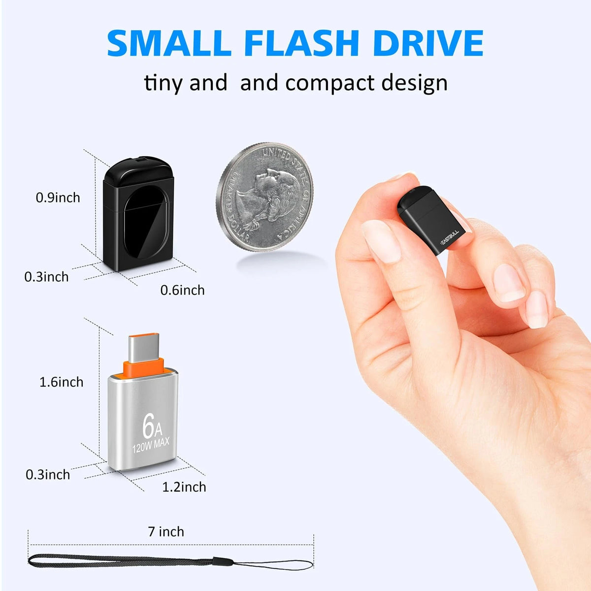 5-Pack 4GB FAT32 Small Flash Drive USB 2.0 with USB-C Adapter (Black)
