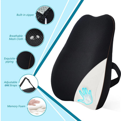 Lumbar Support Pillow for Chair/Car Seat - Memory Foam Back Cushion