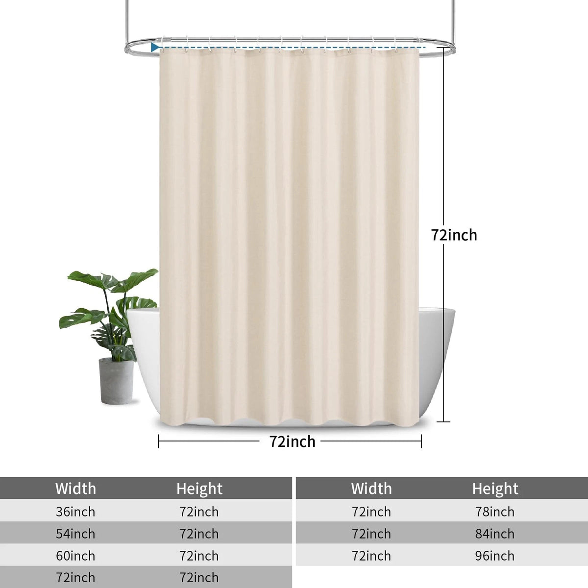 2X Waterproof Fabric Shower Curtain for 72"W x 72"L (Pack of 1), Cream