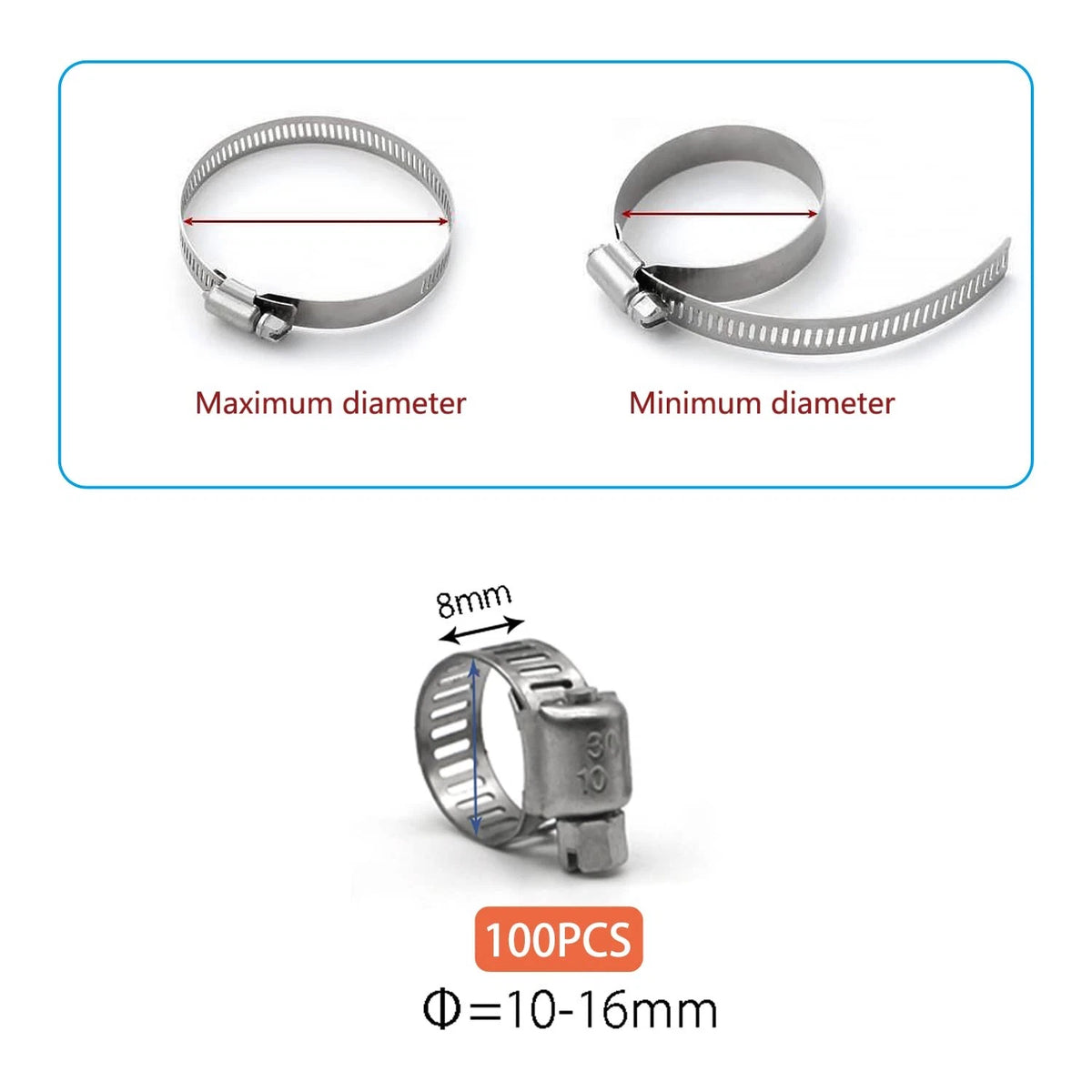 100 Pack Stainless Steel Hose Clamps 10-16mm for Automotive Use