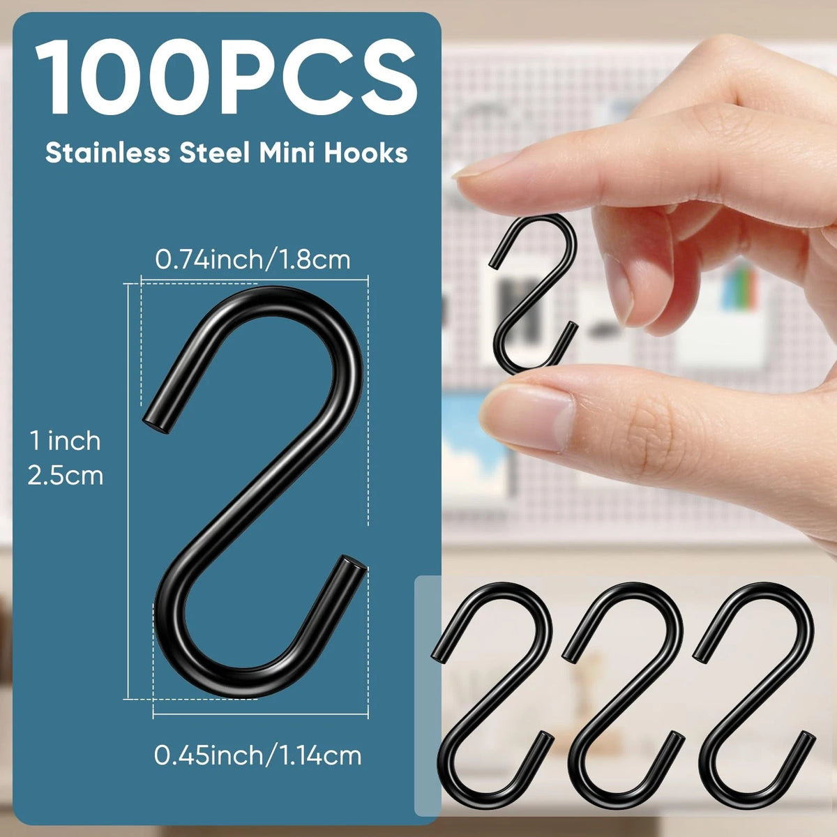 100PCS Mini Stainless Steel Black S Hooks for Various Applications