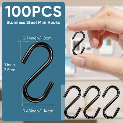 100PCS Mini Stainless Steel Black S Hooks for Various Applications