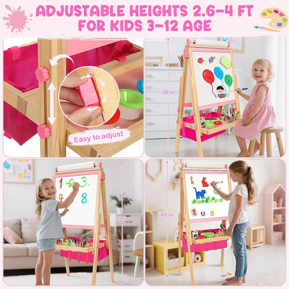 Adjustable Wood Easel for Kids with Art Supplies - Pink