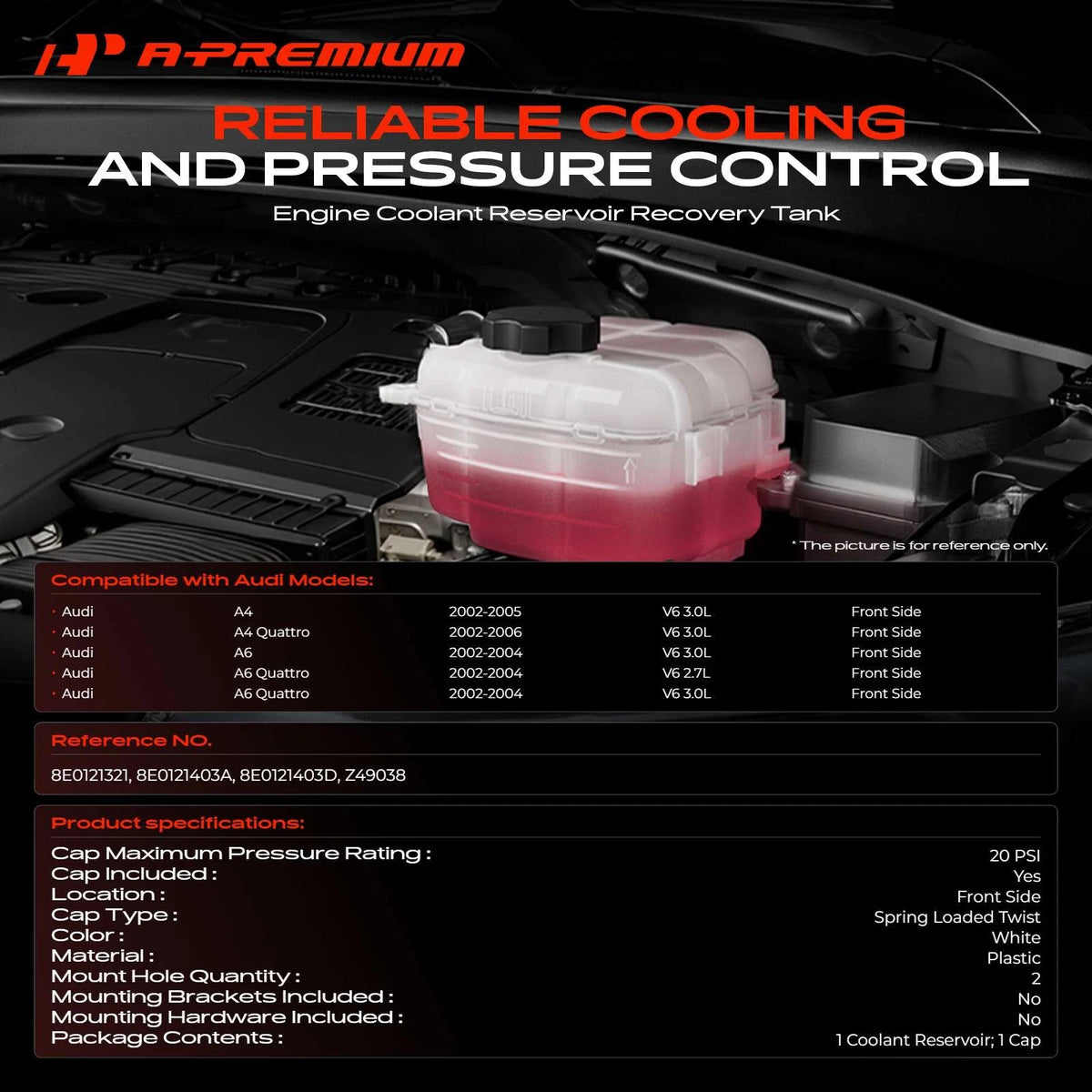 Front Coolant Reservoir with Cap & Sensor for Audi A4 A6 (2002–2005) 8E0121403A, 8E0121403D, 8E0121321, 603-098