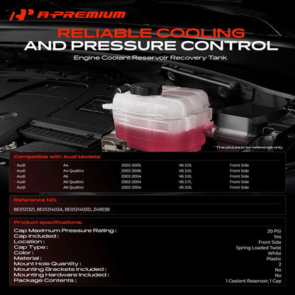 Front Coolant Reservoir with Cap & Sensor for Audi A4 A6 (2002–2005) 8E0121403A, 8E0121403D, 8E0121321, 603-098