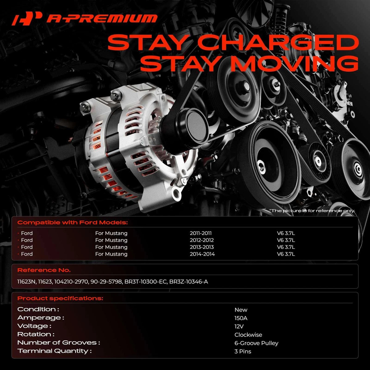 Alternator for Ford Mustang V6 3.7L (2011–2014) 104210-2970, BR3T-10300-EC