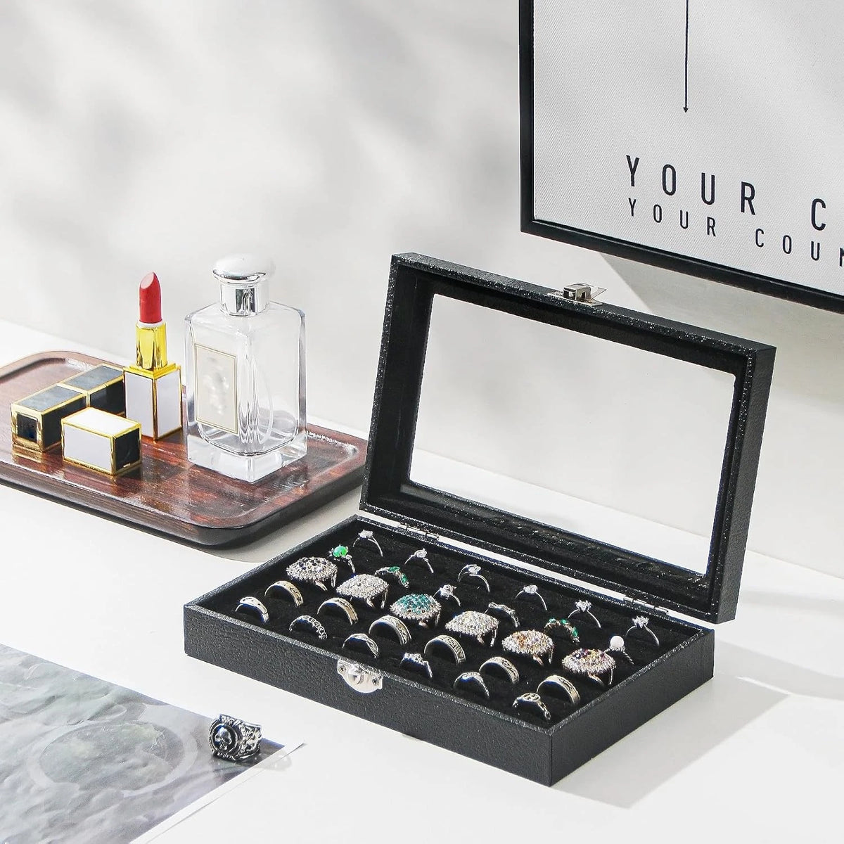 30-Slot Ring Organizer Box for Jewelry Storage - Black