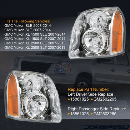 Pair Chrome Housing Headlights Assembly for GMC Yukon XL 1500 2500 (2007–2014)