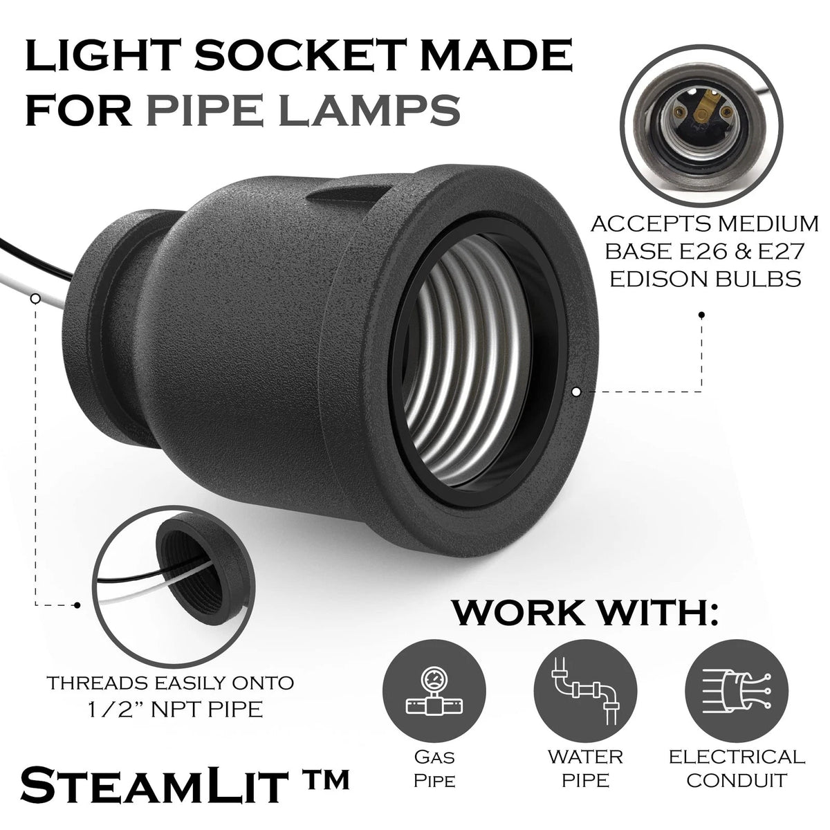 Iron Pipe Lamp Socket for 1/2 Inch NPT (Black)