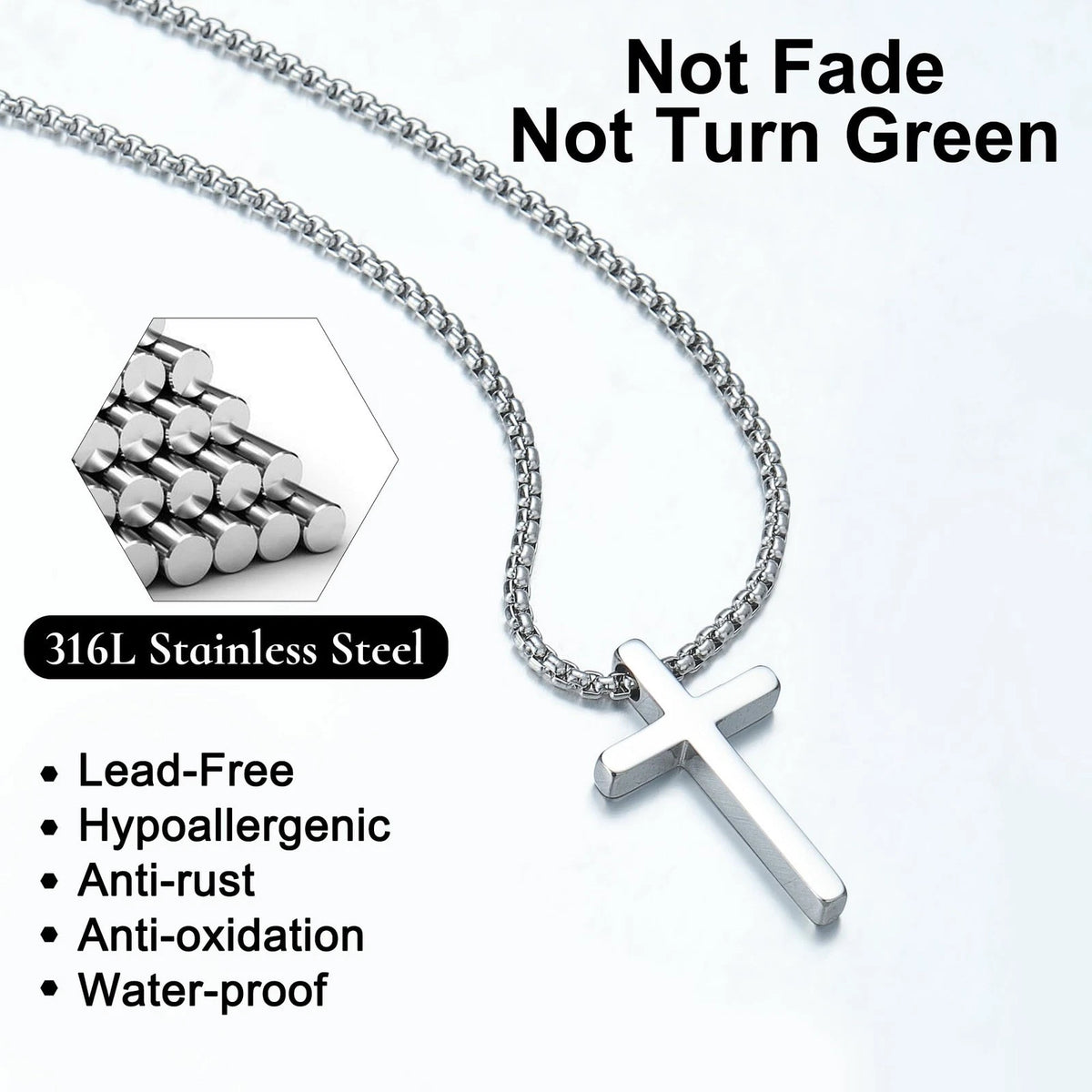 Cross Necklace for Men, Stainless Steel Silver Black 20in