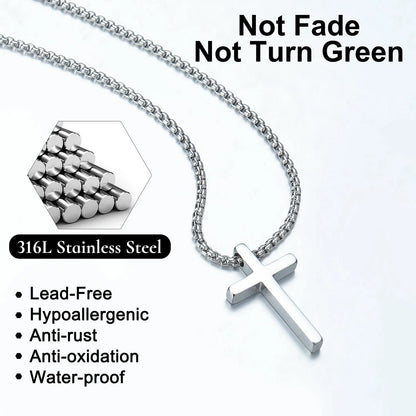 Cross Necklace for Men, Stainless Steel Silver Black 20in